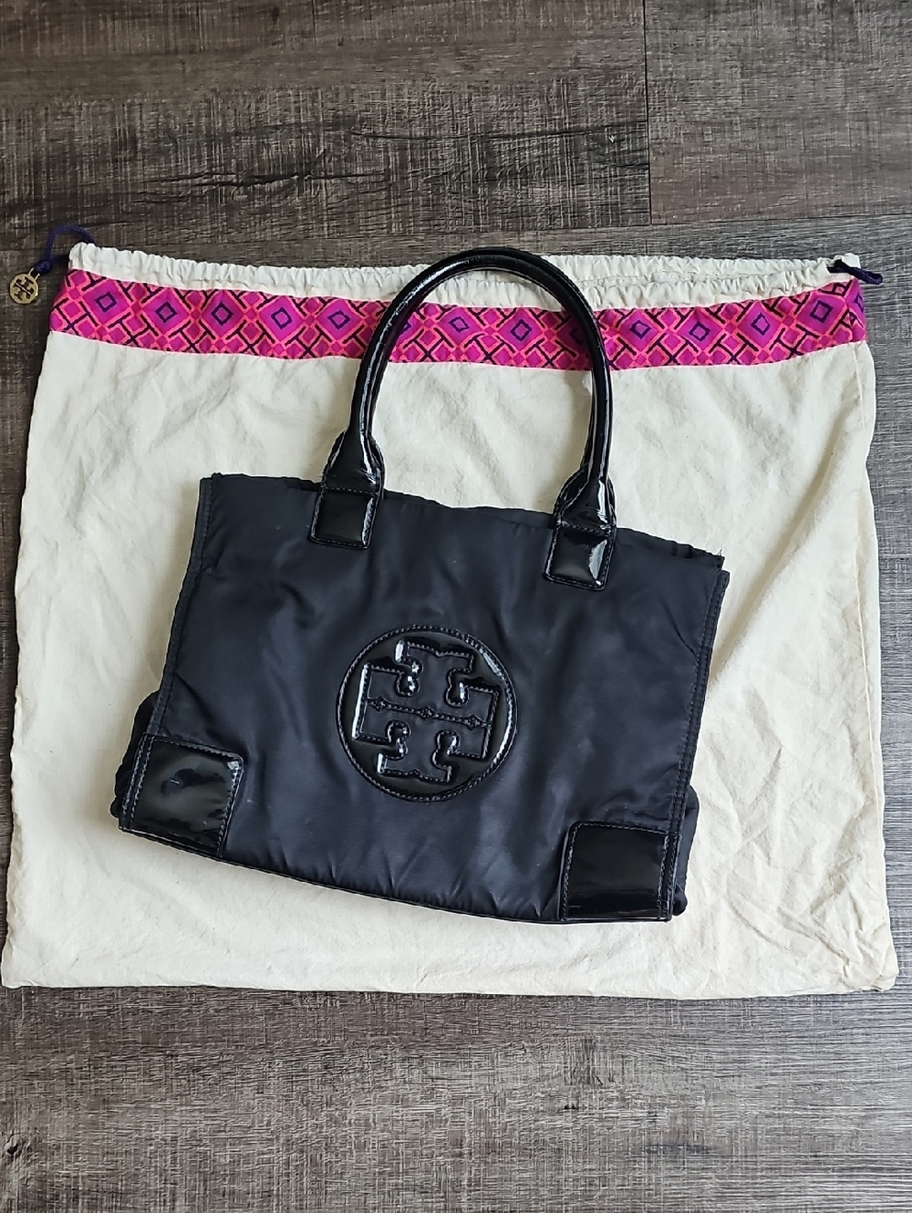 Tory Burch - Black Nylon Tote with Patent Trim and Logo